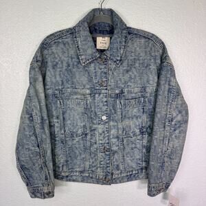 We The Free People Jacquard Letters Denim Jacket Womens Small Trucker Boho NEW